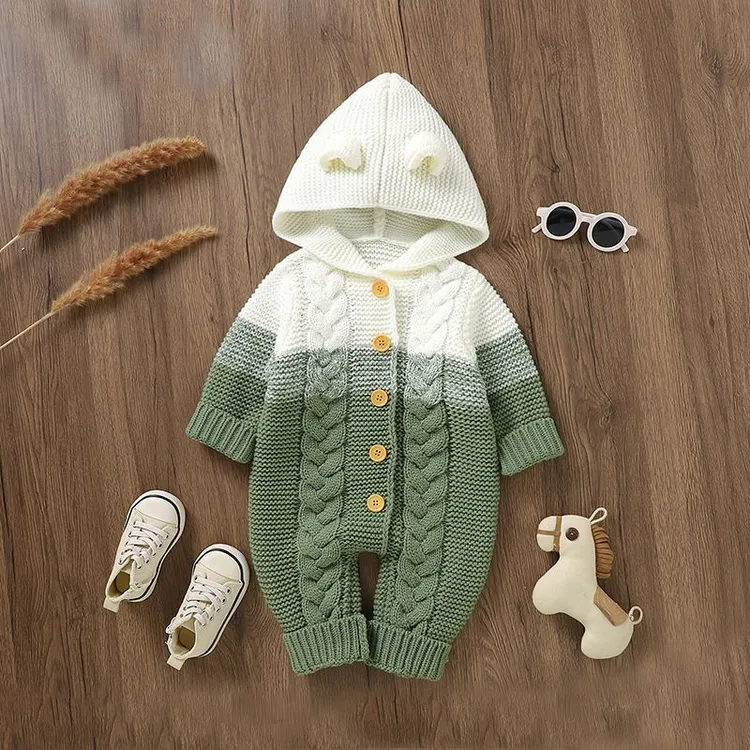 婴儿连体衣针织开衫哈衣带帽子男女宝宝毛衣爬爬服春秋冬儿童衣服