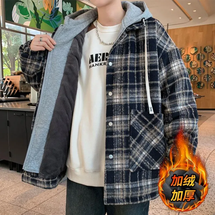 加绒外套男秋冬款连帽格子大衣男冬装夹克青少年假两件保暖棉衣服