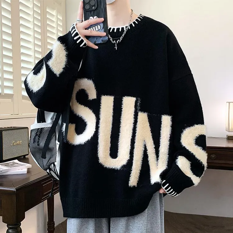 圆领毛衣男冬季2025新款字母提花打底针织衫男保暖内搭冬装上衣服