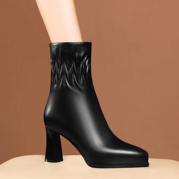 短靴女粗跟防水台黑色女靴2024新款秋冬季加绒棉鞋高跟马丁靴