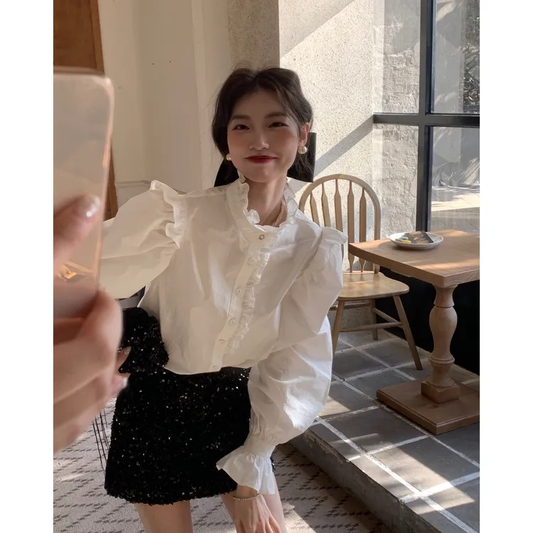 法式木耳边衬衫女春秋设计感小众喇叭袖立领白色上衣