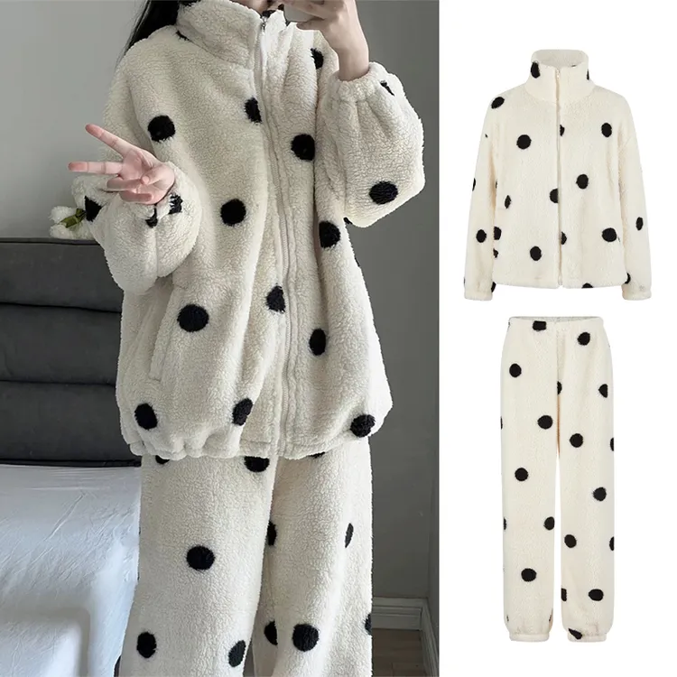 MosesQueen/魔西女王高级感波点珊瑚绒睡衣女冬季加厚保暖家居服