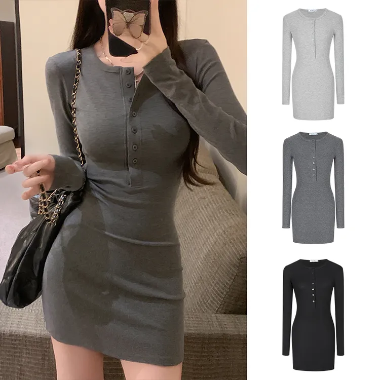 Moses Queen黑色纯欲半开领针织连衣裙女春秋辣妹收腰紧身包臀裙