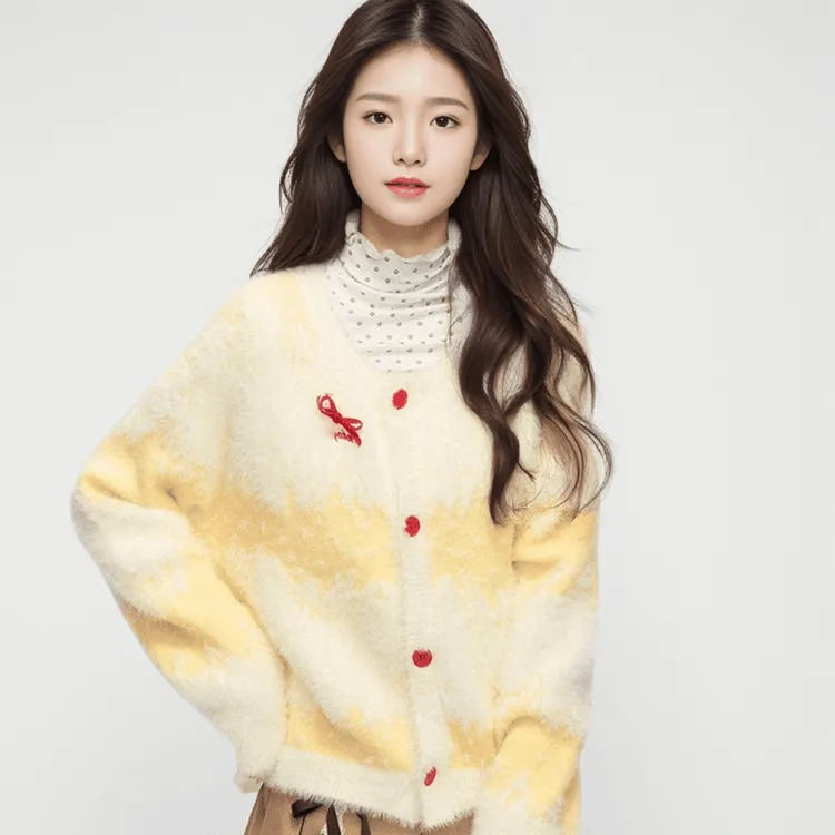 毛衣针织衫宽松百搭甜美蝴蝶结奶黄色长毛渐变慵懒风毛衣开衫外套