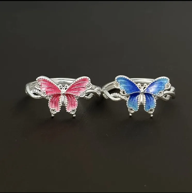 足银珐琅戒指 足银990【珐琅彩渐变蝴蝶】麻花可调节约2.3克A021