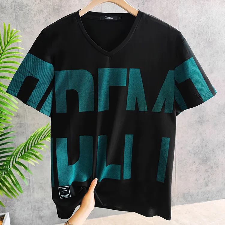 夏装潮流新款肥佬短袖t恤男加肥加大宽松半袖v领体恤胖子汗衫