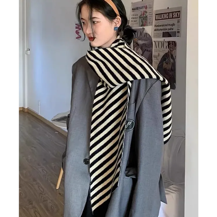 小众简约条纹围巾女秋冬季韩版可爱少女ins保暖针织百搭装饰围脖