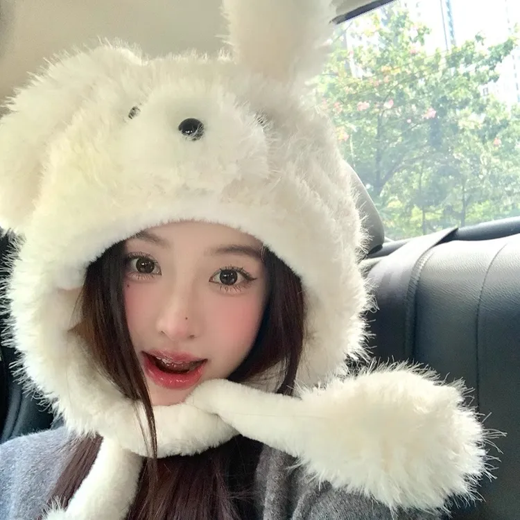 新款网红耳朵会动毛绒绒帽子可爱卡通狗狗套头帽显脸小冬季保暖帽