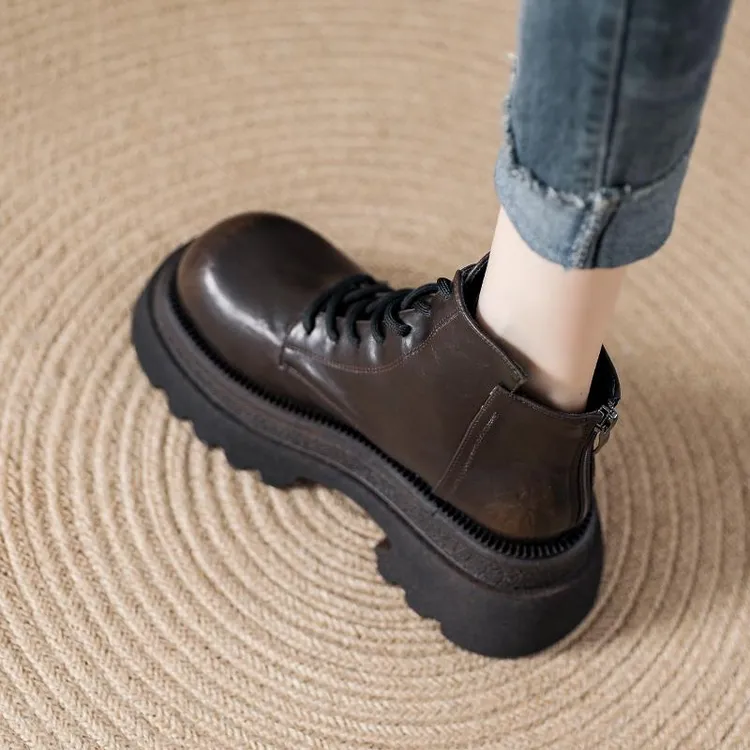 厚底真皮洋气显瘦欧洲站棕色马丁靴女款2024年秋冬季新款女士靴子