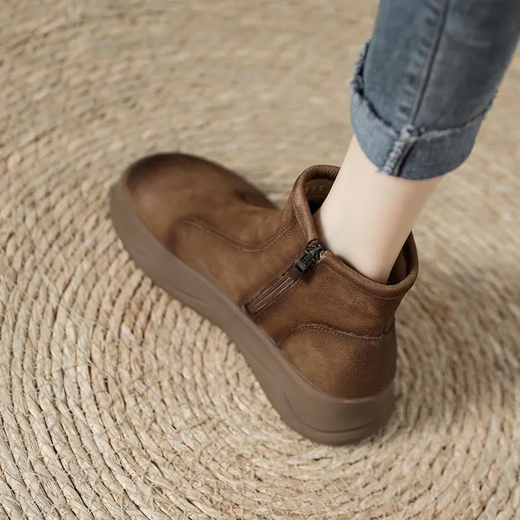 复古文艺风真皮厚底短靴女2025年冬季新款侧拉链加绒保暖高帮鞋女