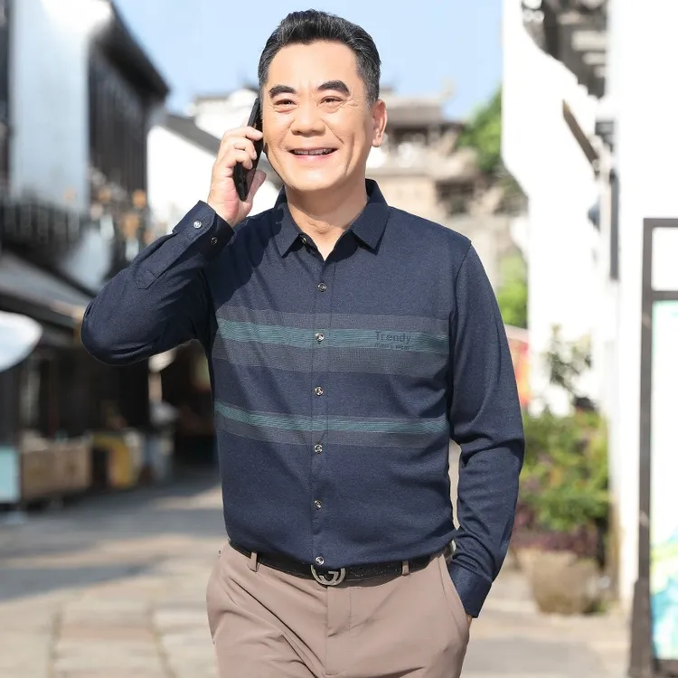 爸爸春秋装长袖衬衫中年男士休闲衬衣中老年男装开衫春季爷爷上衣