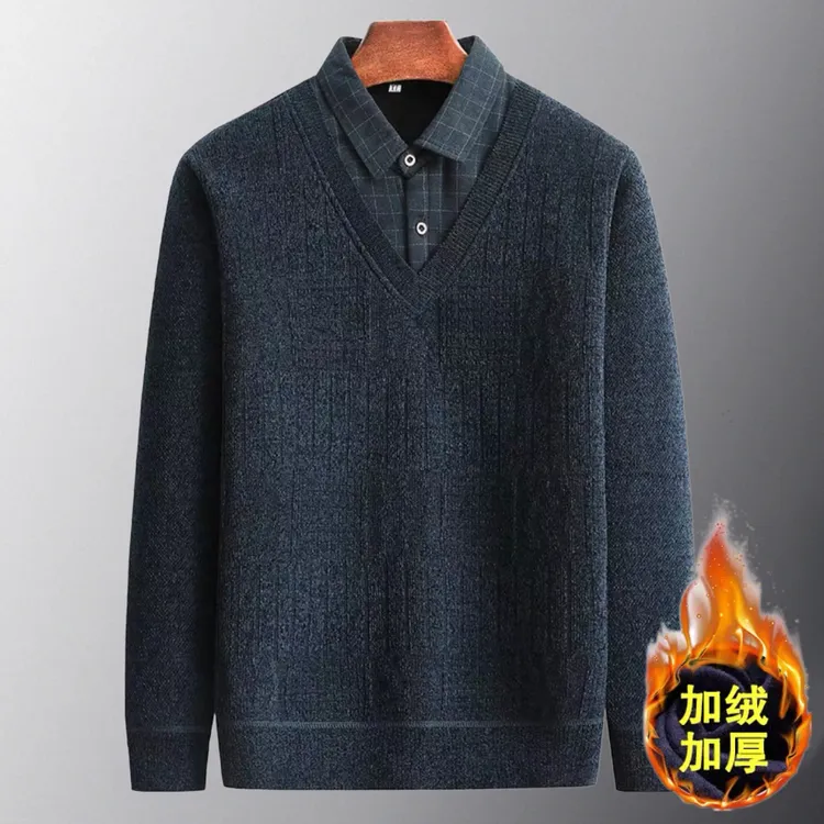 秋冬新款爸爸毛衣加绒加厚中老年男士冬装假两件衬衫领针织打底衫