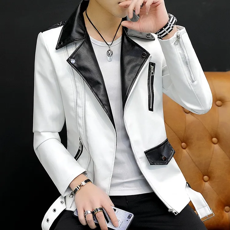 啄木鸟男士短款皮衣男秋冬季机车皮夹克古巴领斜拉链个性轻奢外套