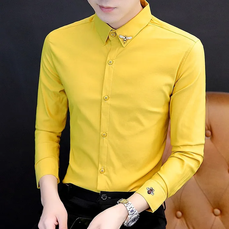 啄木鸟男士个性刺绣小蜜蜂衬衫英伦纯色休闲衬衣潮牌精神小伙男装