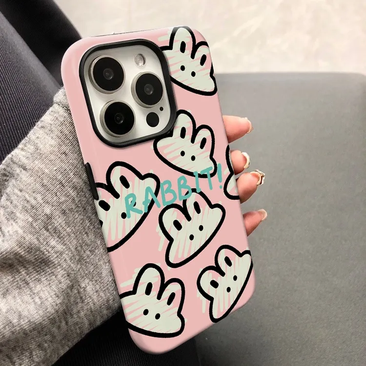 粉底兔子适用苹果16promax手机壳iPhone15双层14Pro菲林二合一女