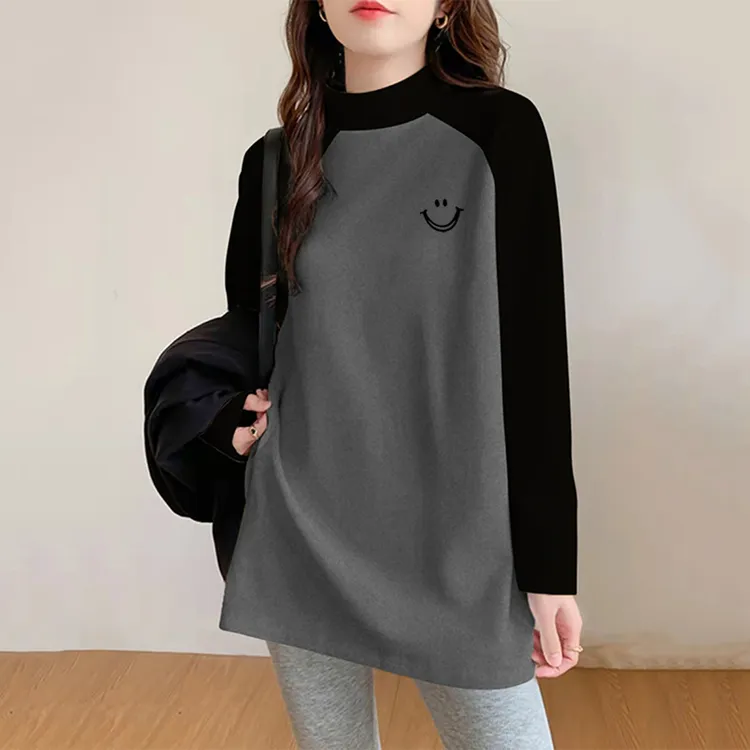 加厚加绒磨毛中长款插肩袖撞色T恤女长袖宽松遮屁股打底衫百搭款