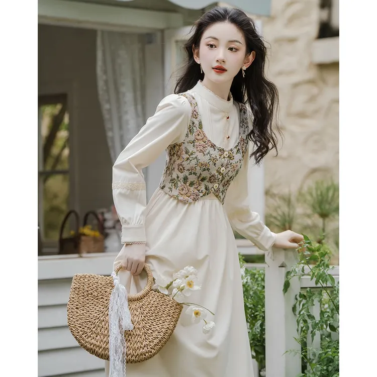 法式复古马甲配连衣裙秋装小众收腰显瘦温柔风设计感绝美长裙2791