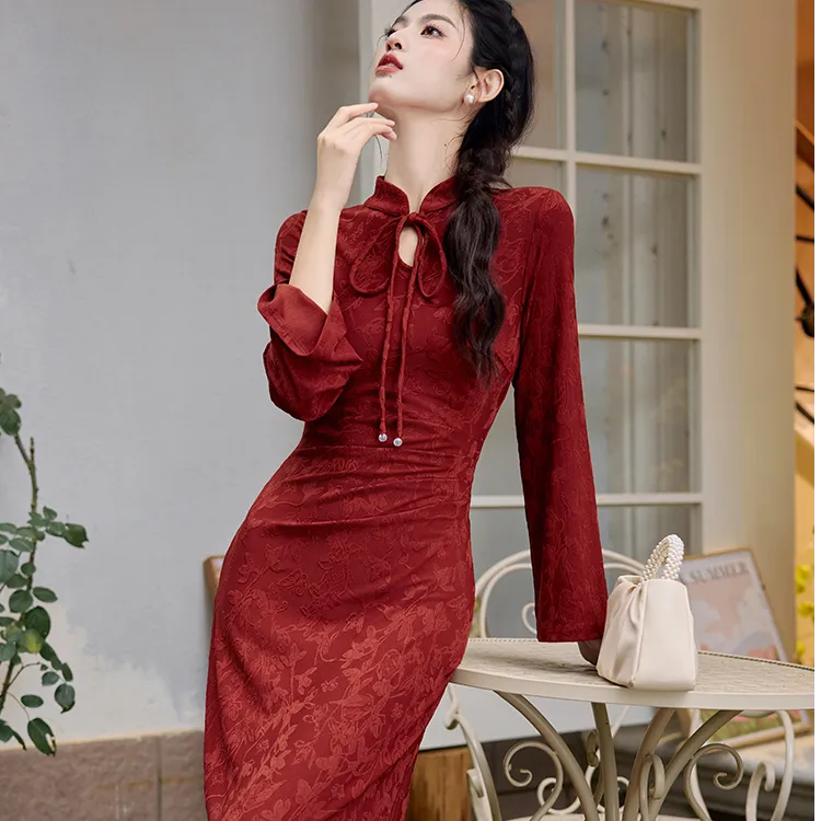 新中式复古酒红色改良旗袍连衣裙气质修身连衣裙轻奢礼服长裙8131