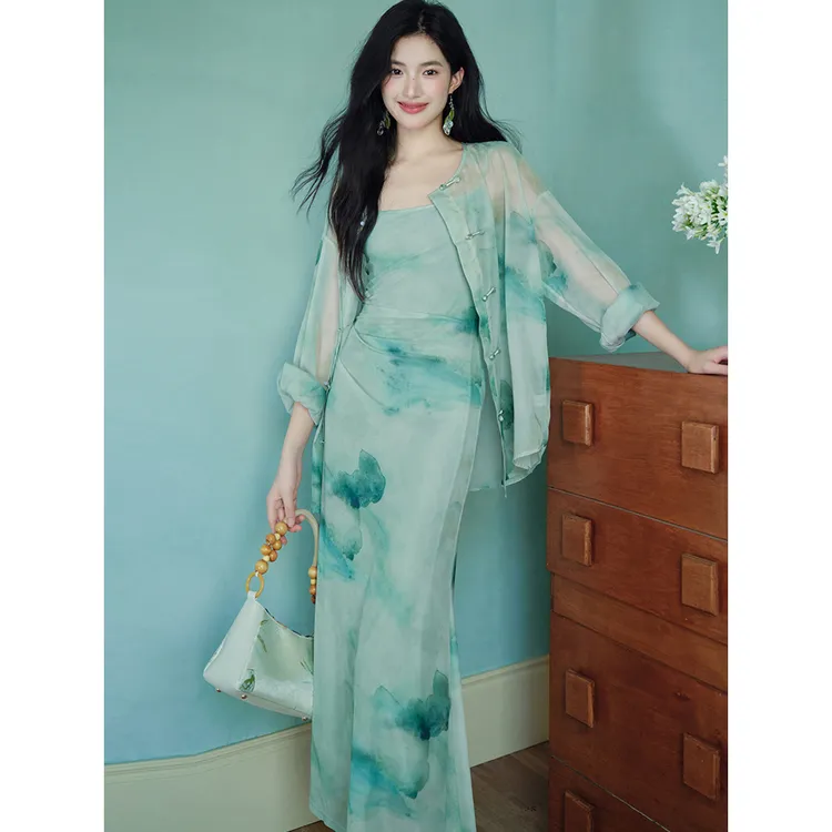 新中式复古水墨印花吊带连衣裙清冷感显瘦网纱长裙配盘扣开衫8994