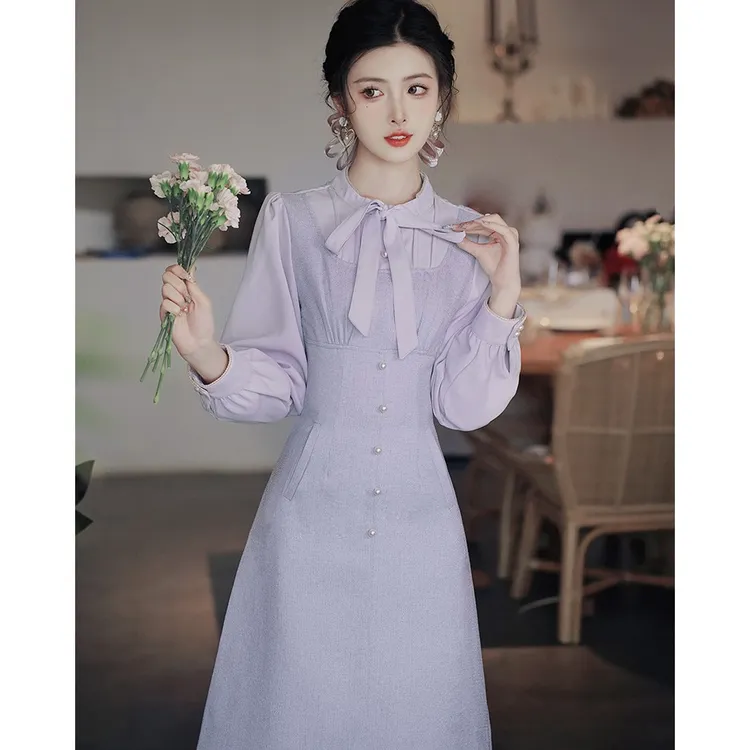 法式茶歇高级感紫色浪漫连衣裙秋季新款女神范绝美假两件背带长裙
