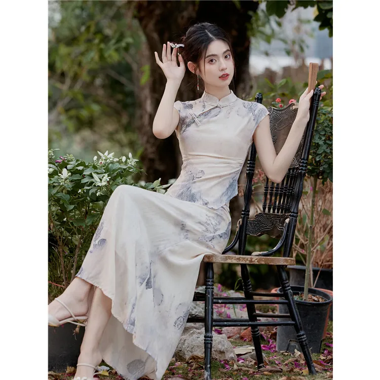 新中式国风水墨晕染旗袍立领上衣+高腰半裙日常可穿两件套装0381