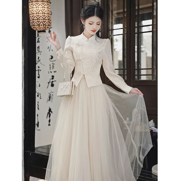 新中式复古民国风改良旗袍礼服上衣+纱裙套装早春仙气长裙子5196