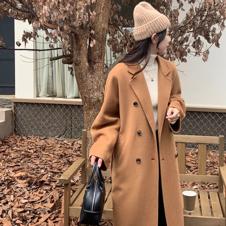 直筒双排扣经典驼色双面羊毛大衣系带显瘦毛呢外套女