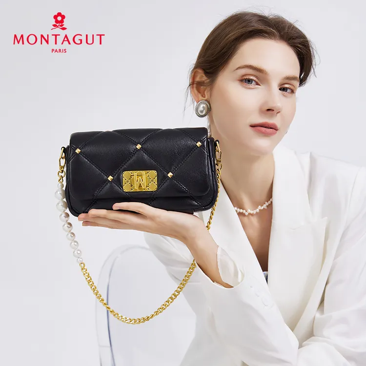 Montagut/梦特娇2025新款羊皮小方包女士斜挎单肩菱格包