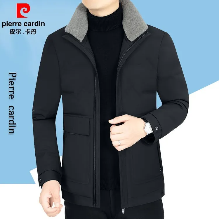 皮尔卡丹男士羽絨服短款羊毛领商务休闲白鸭絨冬季加厚外套爸爸装