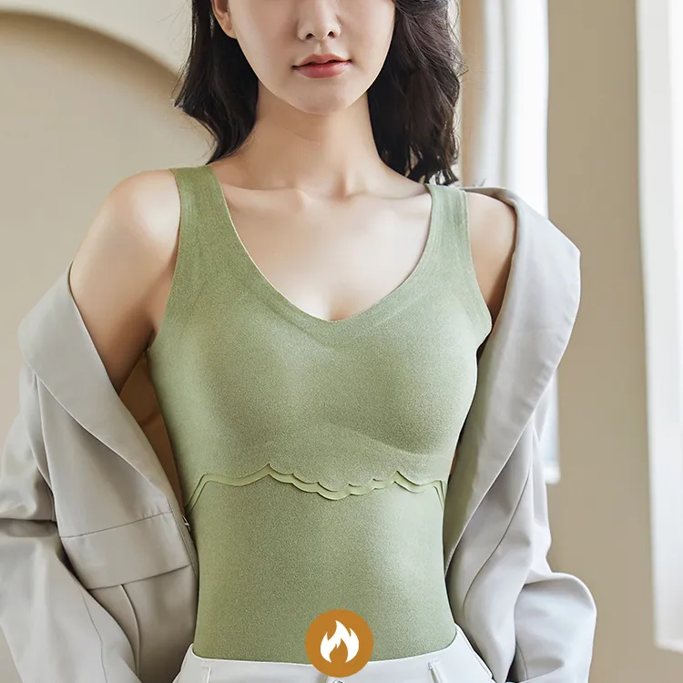 女士高弹力打底无痕无钢圈保暖衣背心式胸垫简约纯色内搭加绒美背