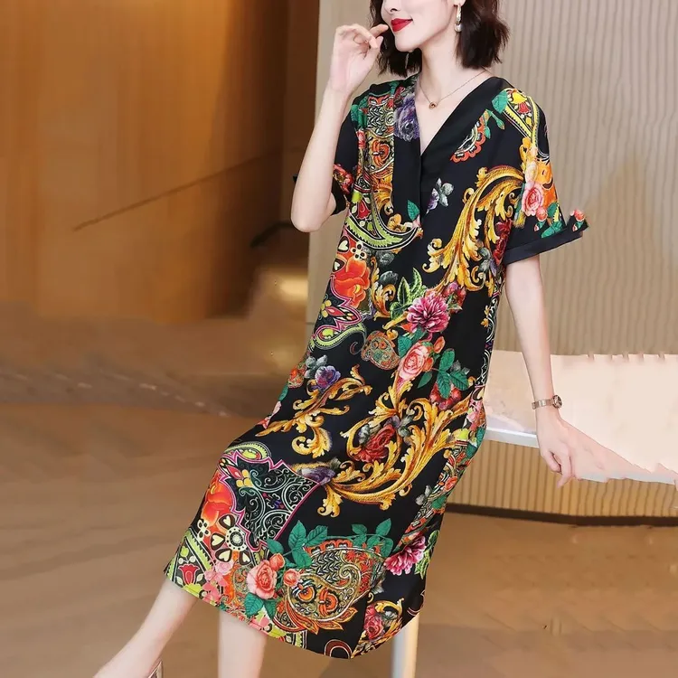 1282杭州大牌V领印花连衣裙新款显瘦气质奢华高贵气质碎花长裙女