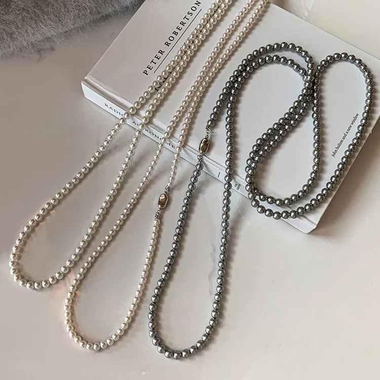 施家真多麻银灰色长款珠珠毛衣链女轻奢小众双层叠戴高档大气项链