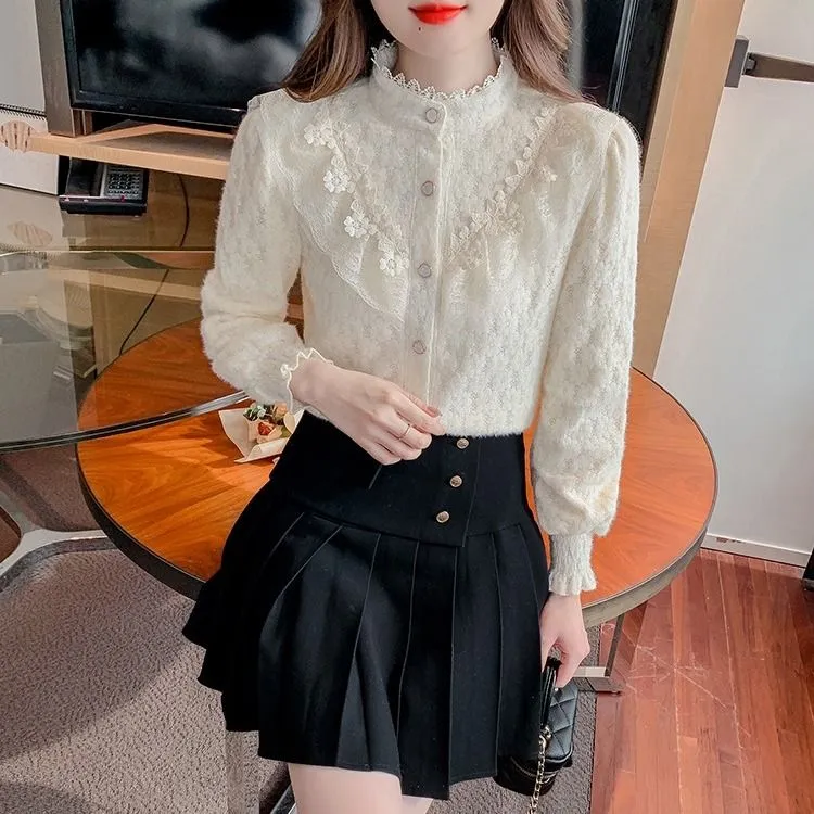 加绒加厚蕾丝打底衫女秋冬装2024年新款时尚洋气上衣气质百搭衬衣