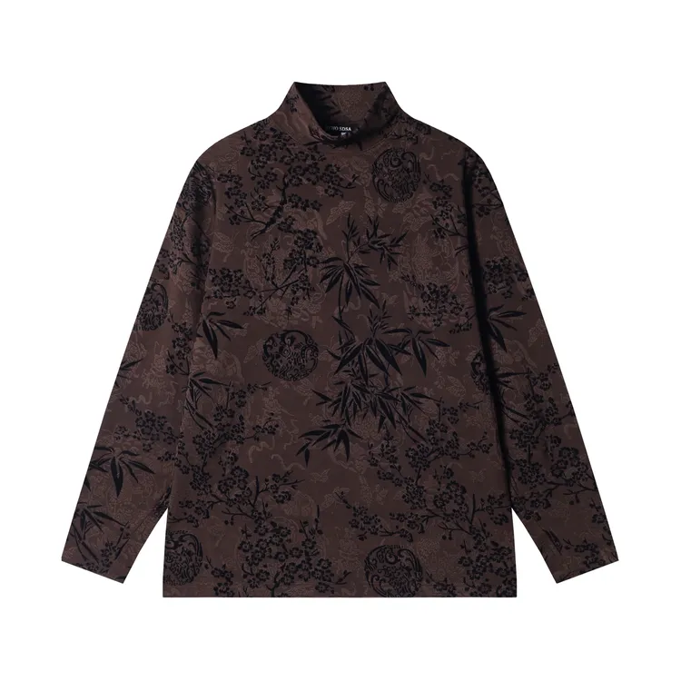 秋冬季新款时尚个性美式撞色提花半高领长袖T恤国风百搭上衣