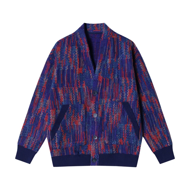 6109新款美式复古扎染撞色开衫针织衫宽松潮流休闲上衣