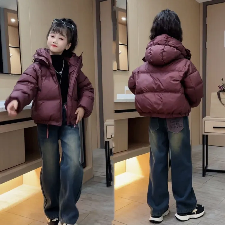 女童冬装短款羽绒棉服套装2025新款洋气儿童时髦女孩加绒牛仔裤潮