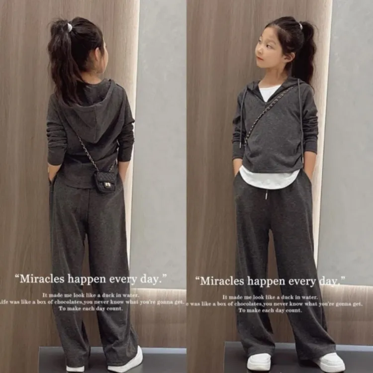 女童假两件套装2025秋季新款儿童韩版纯色连帽上衣阔腿裤两件套潮