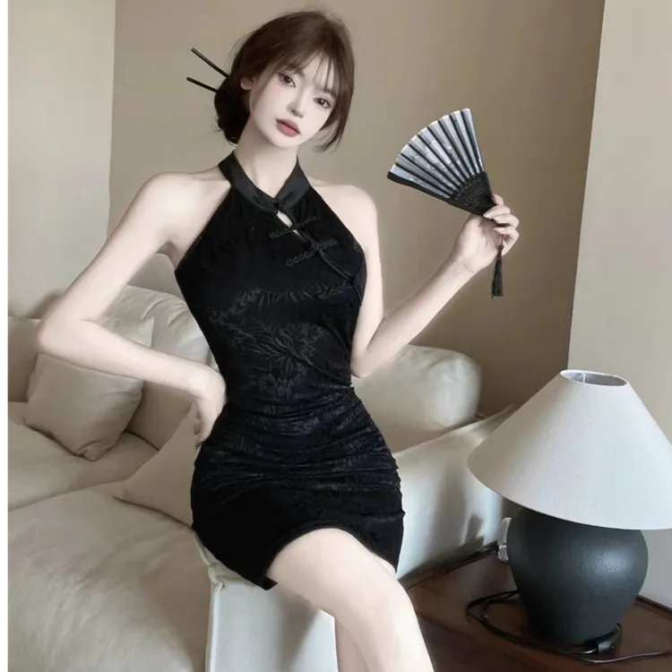 挂脖连衣裙小个子150cm显高145XS夏季一字肩辣妹性感气质包臀短裙