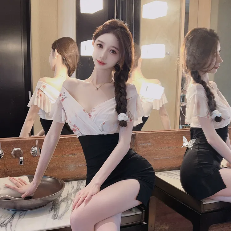 性感网纱高弹力棉质包臀短袖连衣裙柔式按摩夜总店spa技师工作服