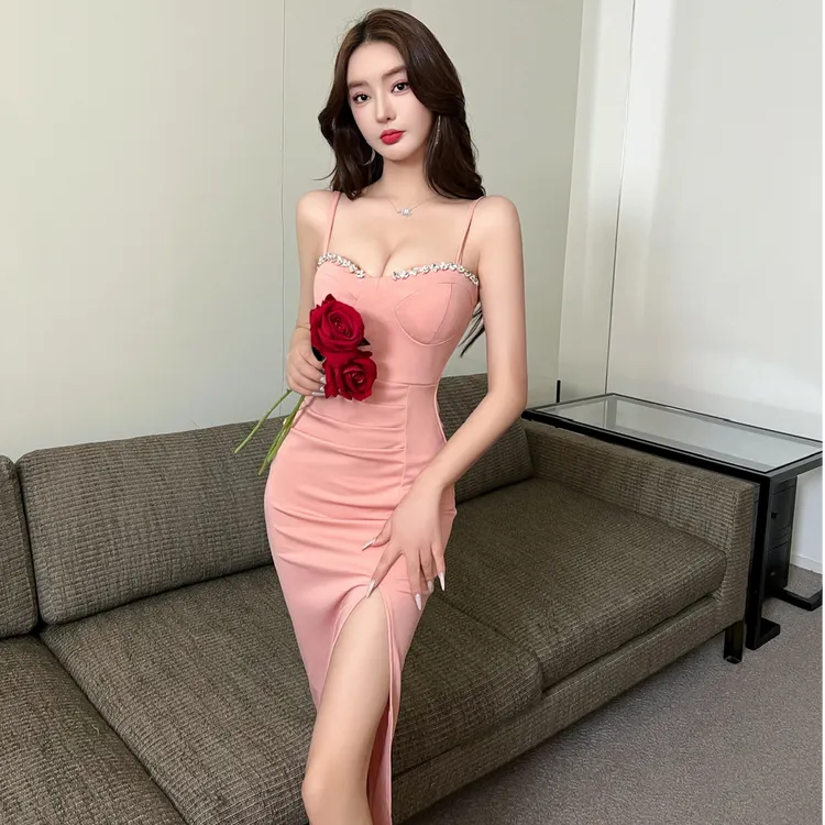 性感高开叉长款女吊带礼服连衣裙高级感时尚气质夜总会技师工作服