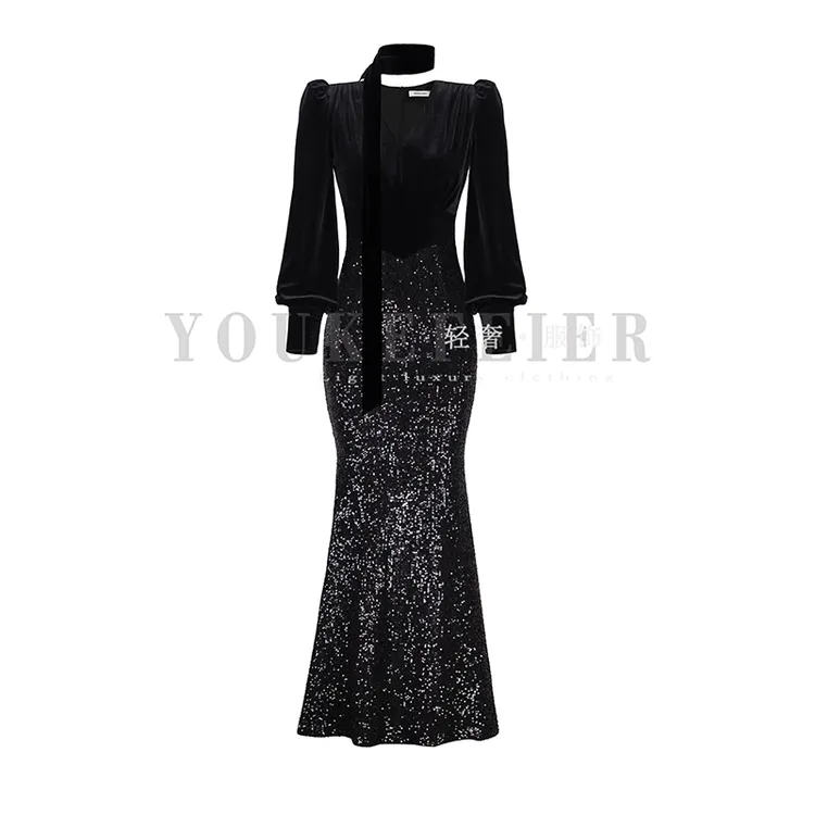 【尤克菲儿】“晚宴舞曲”原创设计轻奢名媛高定醋酸显瘦飘带连衣裙