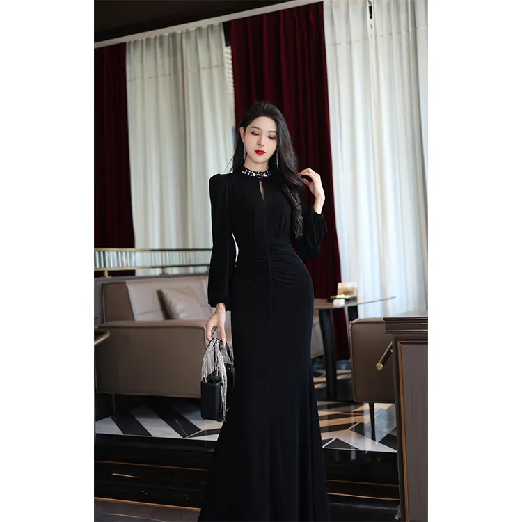 【尤克菲儿】原创设计秋季高定醋酸鱼尾裙修身长袖气质优雅连衣裙