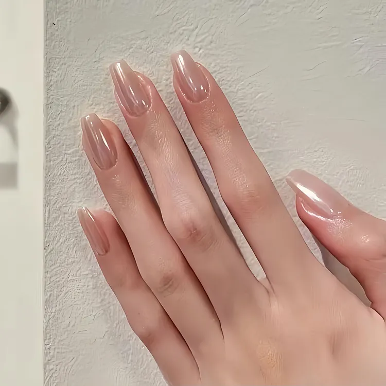 Hailey海莉同款裸粉色月光珍珠美甲极光穿戴甲纯手工光疗婚甲