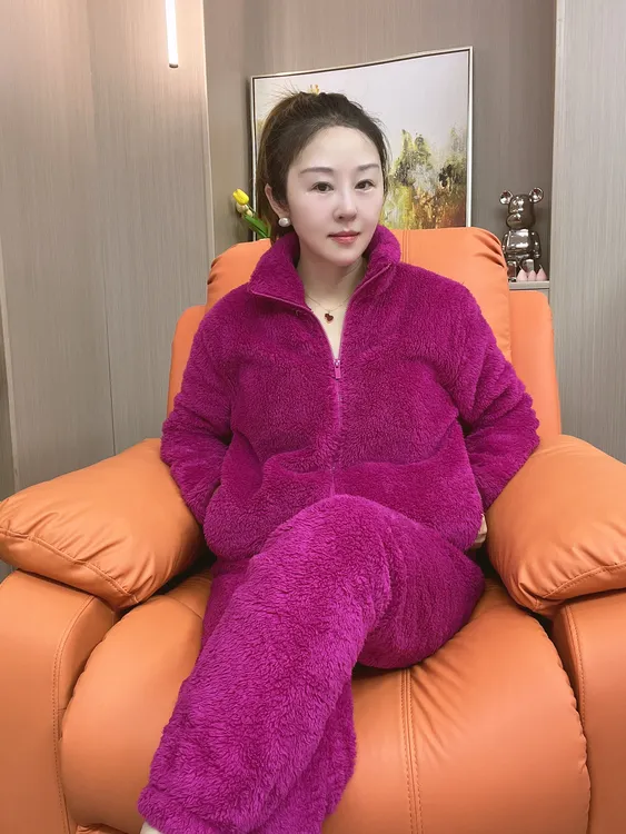 睡衣加绒加厚甜美毛绒高领新款女士保暖拉链家居服套装可外穿