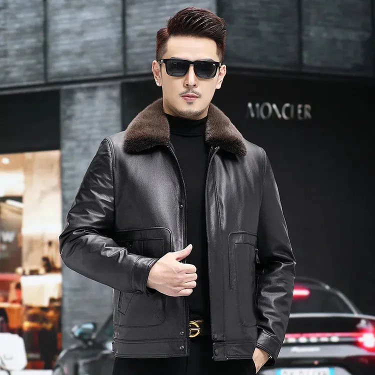 2025海宁真皮皮衣男头层牛皮男士皮夹克脱卸毛领内胆皮衣外套