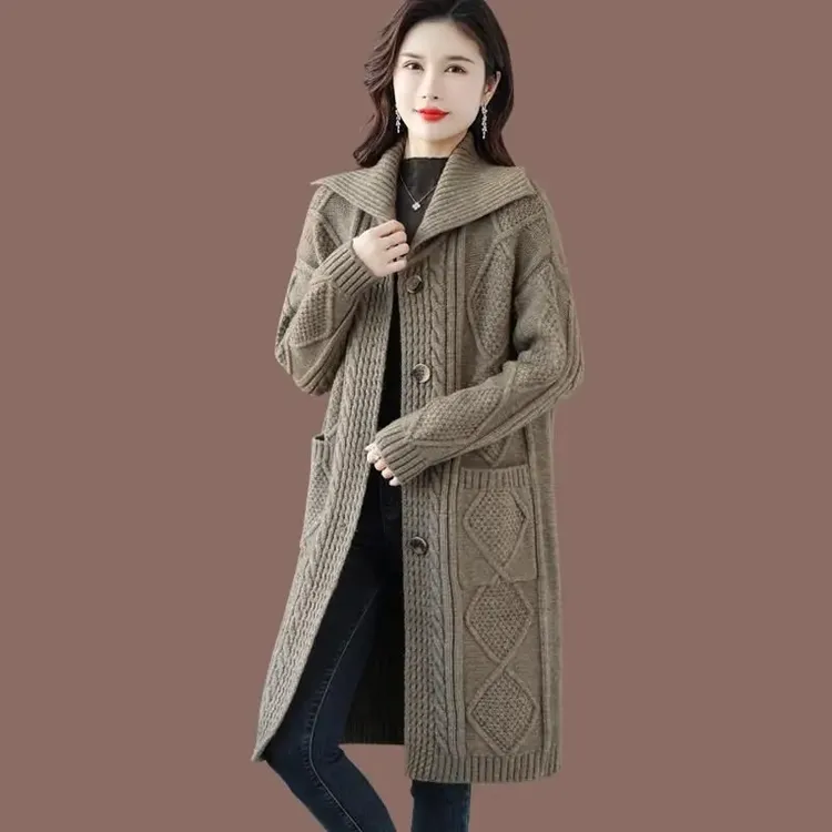 秋冬高档翻领中长款韩版毛衣外套女时尚宽松针织加厚保暖大衣秋装