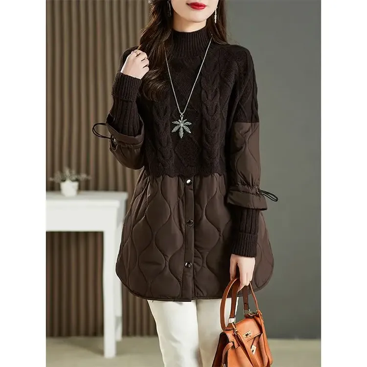 2025年秋冬新款高领毛衣女冬中长款加厚宽松上衣外套夹棉针织毛衣