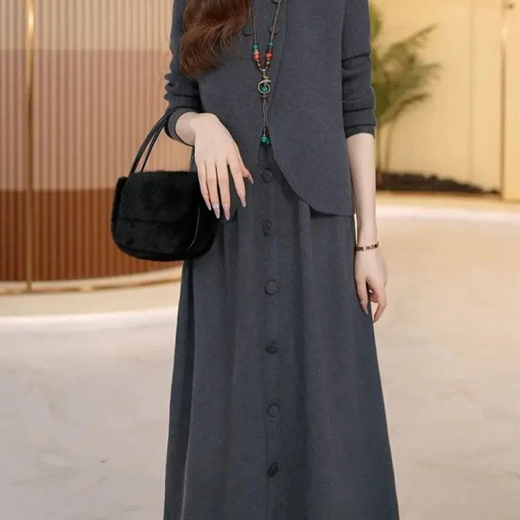 高档时尚气质毛衣两件套女2025秋冬新款开衫马甲+针织连衣裙套装