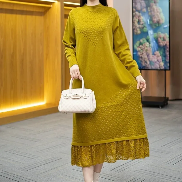 高档配大衣外套的长款打底裙洋气时尚蕾丝针织衫宽松过膝毛衣裙女