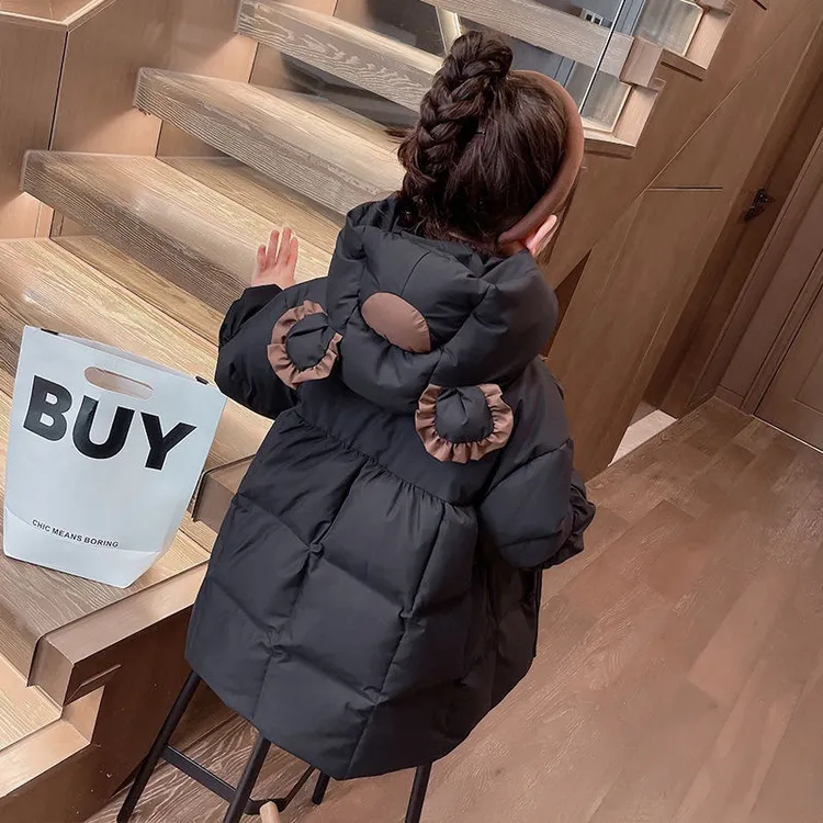 女宝宝纯色连帽中长款加厚棉服保暖熊耳朵棉袄新品韩版休闲棉衣
